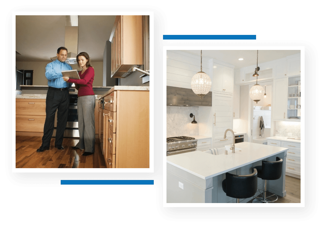 A couple standing in the kitchen and a kitchen with a sink